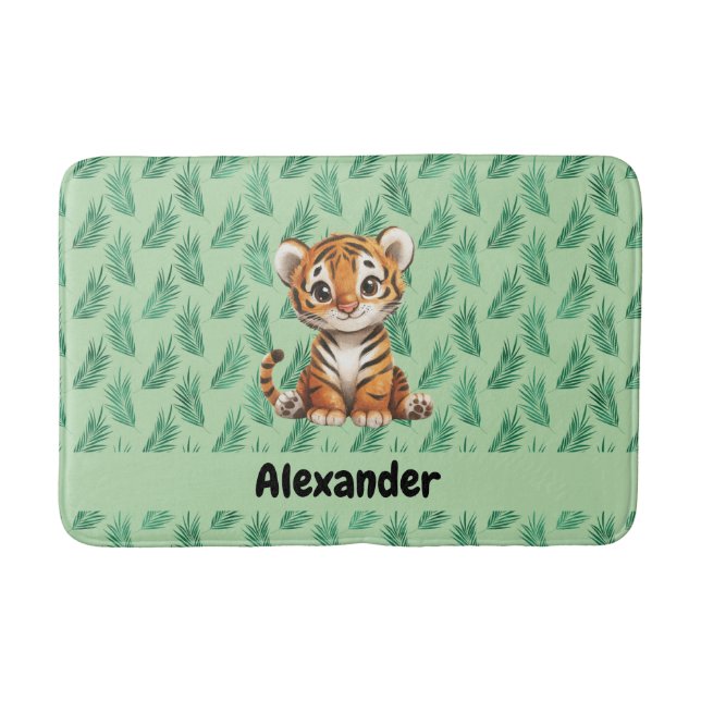 Cute Cartoon Tiger on Tropical Leaves Bath Mat (Front)