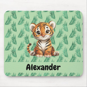 Cute Cartoon Tiger on Tropical Leaves Mouse Pad