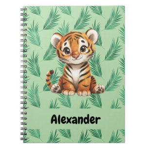 Cute Cartoon Tiger on Tropical Leaves Notebook