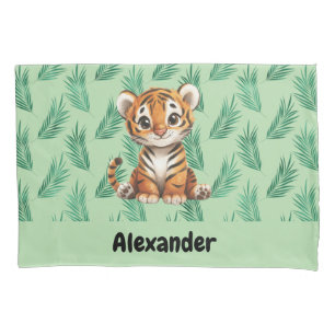 Cute Cartoon Tiger on Tropical Leaves Pillowcase
