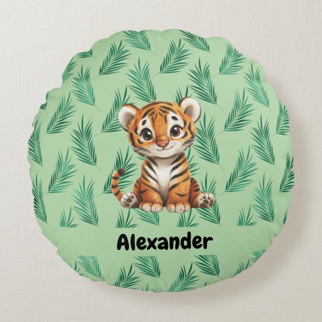 Cute Cartoon Tiger on Tropical Leaves Round Pillow (Front)
