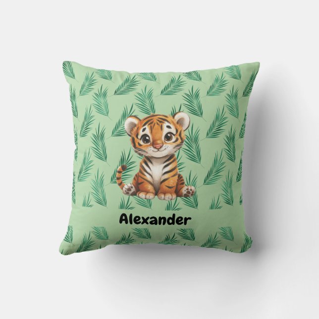 Cute Cartoon Tiger on Tropical Leaves Throw Pillow (Back)