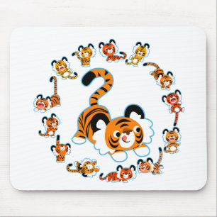 Cute Cartoon Tigers Mandala (Blue) Mousepad