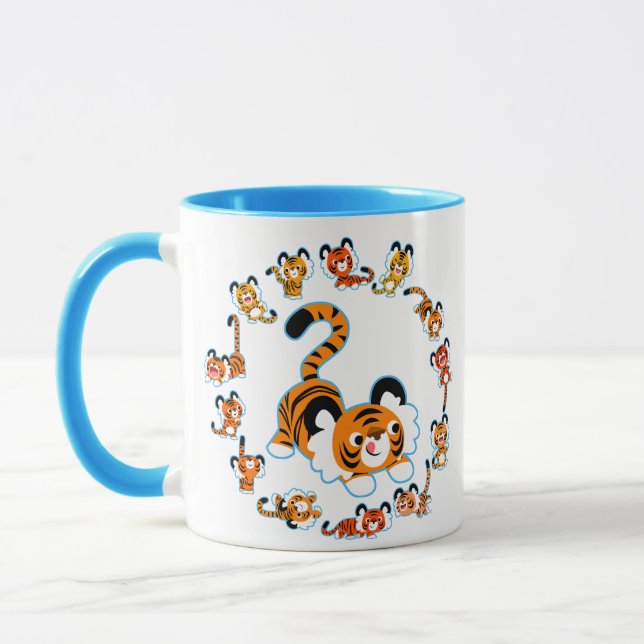 Cute Cartoon Tigers Mandala (Blue) Mug (Left)