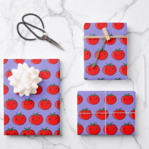 Cute Cartoon Tomato Pattern Purple Wrapping Paper Sheet
