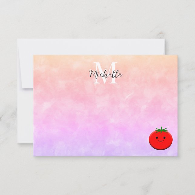 Cute Cartoon Tomato Watercolor Custom Monogram Card (Front)