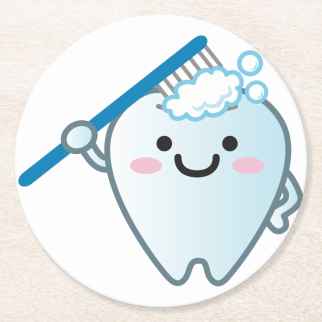 Cute Cartoon Tooth Brushing with Toothbrush Round Paper Coaster (Front)