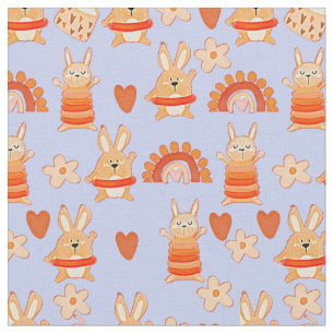 Cute Cartoon Toy Rabbit Bunnies & Rainbow on Blue Fabric