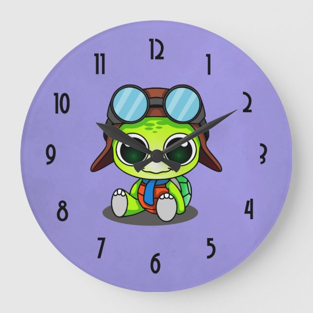 Cute Cartoon Turtle in Aviator Hat Large Clock (Front)
