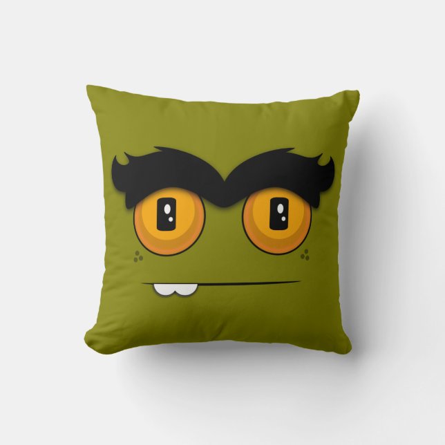 Cute Cartoon Unibrow Monster Face in Olive Green Throw Pillow (Front)