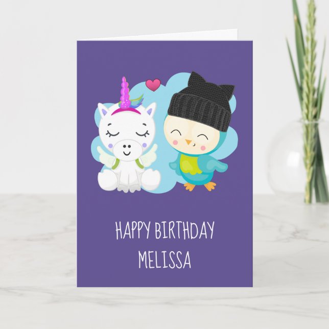 Cute Cartoon Unicorn & Bird Birthday Card (Front)