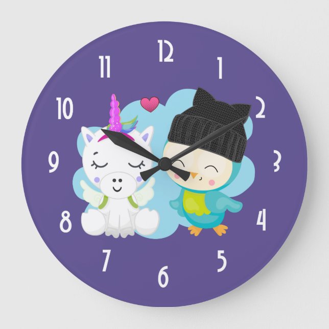 Cute Cartoon Unicorn & Bird Pals Large Clock (Front)