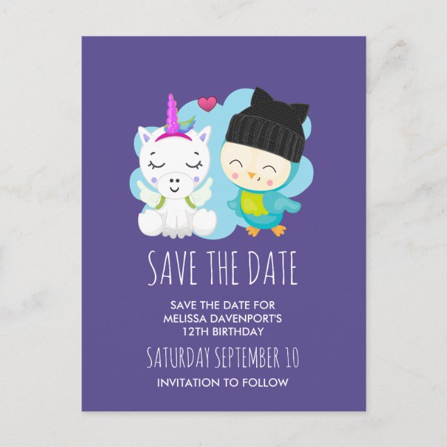 Cute Cartoon Unicorn & Bird Save the Date Postcard (Front)