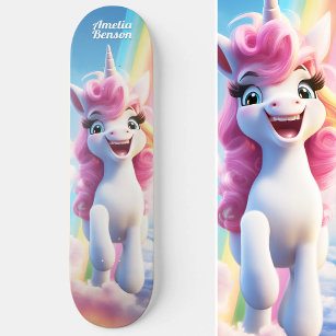 Cute Cartoon Unicorn Flying in Sky Skateboard