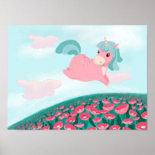 Cute Cartoon Unicorn Pink and Mint Poster