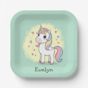 Cute Cartoon Unicorn with Rainbow Mane Paper Plate