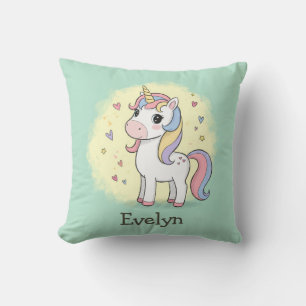 Cute Cartoon Unicorn with Rainbow Mane Throw Pillow