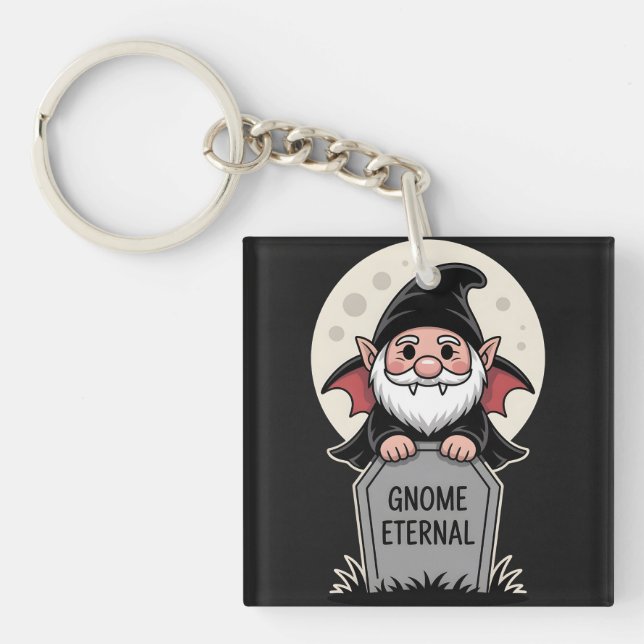 Cute Cartoon Vampire Gnome Standing at a Tombstone Keychain (Front)