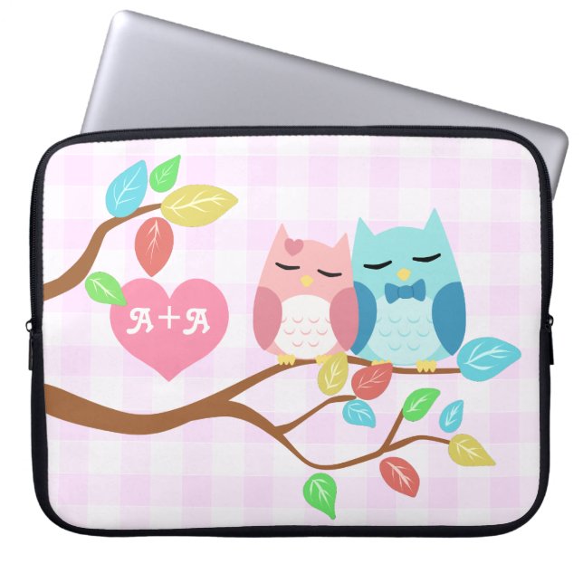 cute cartoon vector owl couple with initials laptop sleeve (Front)