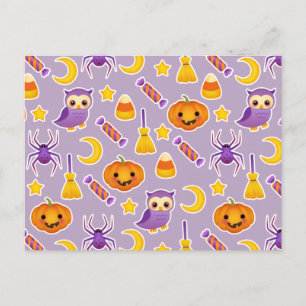 Cute Cartoon Violet Halloween Design With Pumpkins Postcard