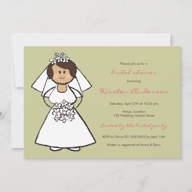 Cute Cartoon Wedding Bride Daisies Bridal Shower Invitation (Front)