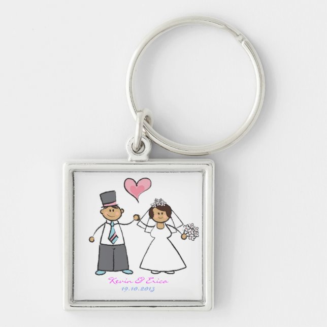 Cute Cartoon Wedding Couple Bride Groom Love Heart Keychain (Front)