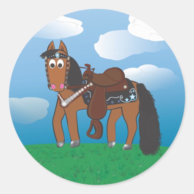 Cute Cartoon Western Horse Classic Round Sticker (Front)