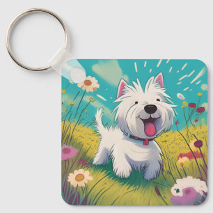 Cute cartoon Westie running through the flowers Keychain