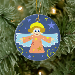 Cute Cartoon Whimsical Angel Christmas Art Ceramic Ornament