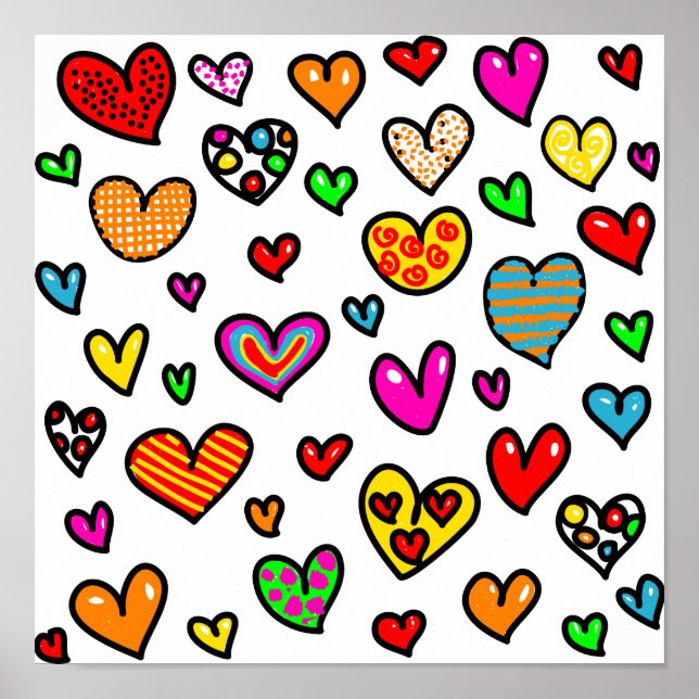 Cute Cartoon Whimsical Multi Love Heart Pattern Poster (Front)