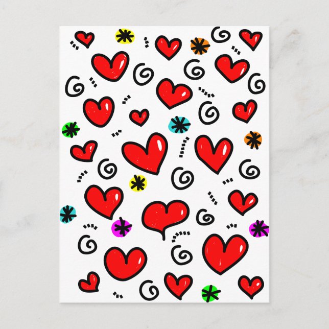 Cute Cartoon Whimsical Red Love Heart Pattern Postcard (Front)