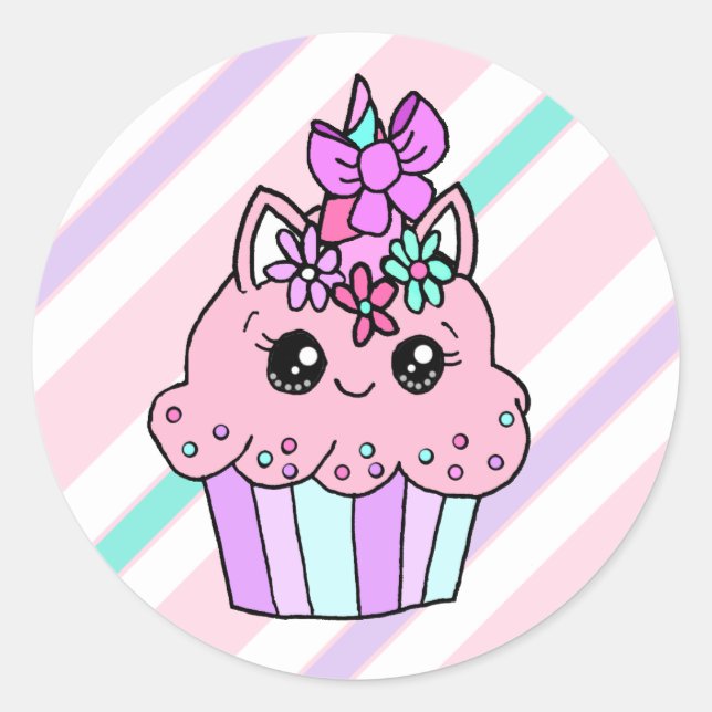 Cute Cartoon Whimsical Unicorn Cupcake Classic Round Sticker (Front)