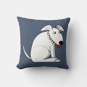 Cute Cartoon White Dog, Collar, Blue Jeans Blue Throw Pillow