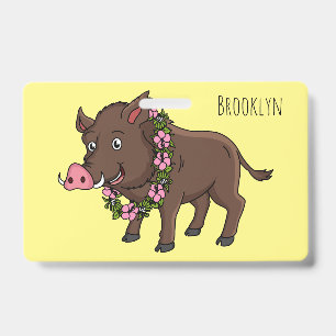 Cute cartoon wild boar and flowers badge