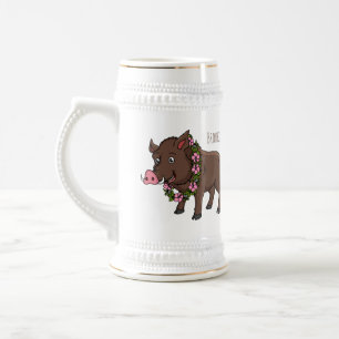 Cute cartoon wild boar and flowers beer stein