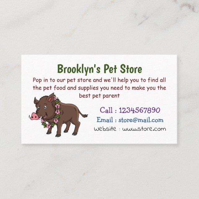 Cute cartoon wild boar and flowers  business card (Front)