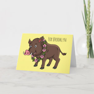 Cute cartoon wild boar and flowers card