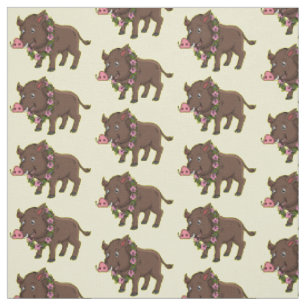 Cute cartoon wild boar and flowers fabric