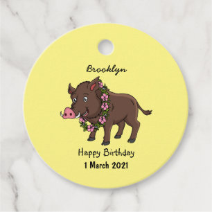 Cute cartoon wild boar and flowers favour tags