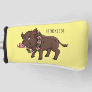 Cute cartoon wild boar and flowers golf head cover