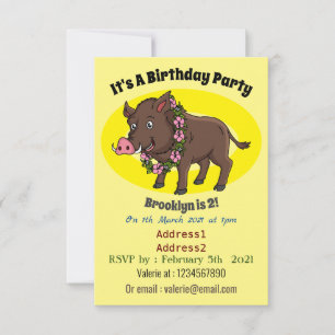 Cute cartoon wild boar and flowers invitation