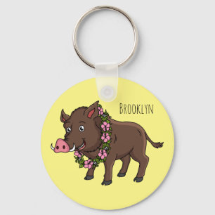 Cute cartoon wild boar and flowers keychain