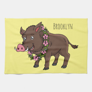 Cute cartoon wild boar and flowers kitchen towel