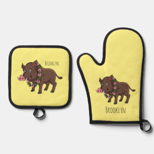 Cute cartoon wild boar and flowers oven mitt & pot holder set