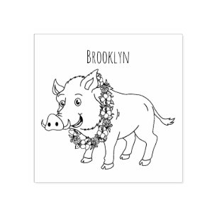 Cute cartoon wild boar and flowers rubber stamp