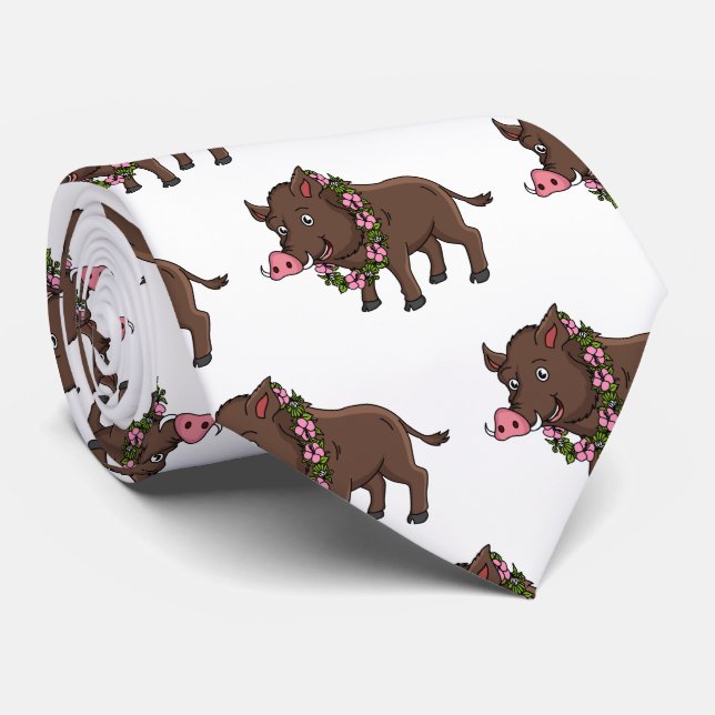 Cute cartoon wild boar and flowers tie (Rolled)