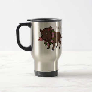 Cute cartoon wild boar and flowers travel mug