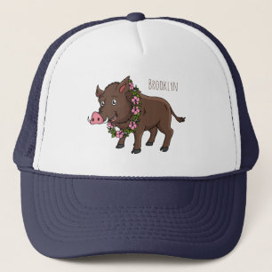 Cute cartoon wild boar and flowers trucker hat