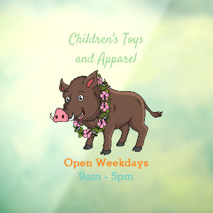 Cute cartoon wild boar and flowers window cling