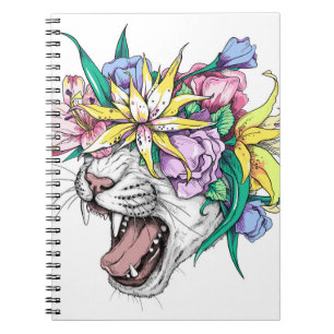 Cute cartoon wild cat head in a floral wreath. Bea Notebook